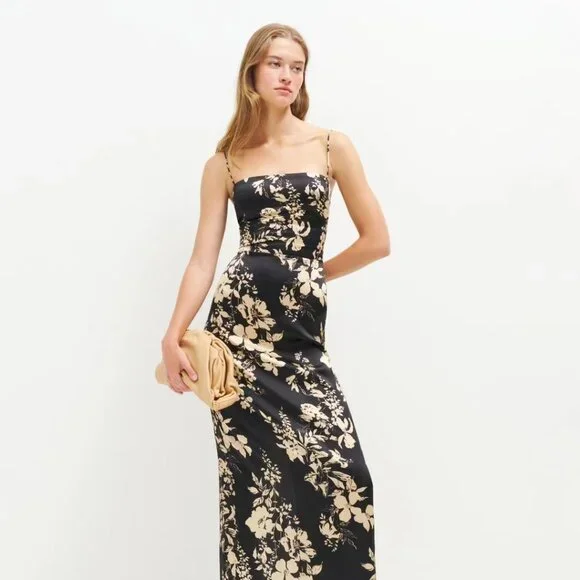 Reformation Frankie Silk Dress Black Motif
